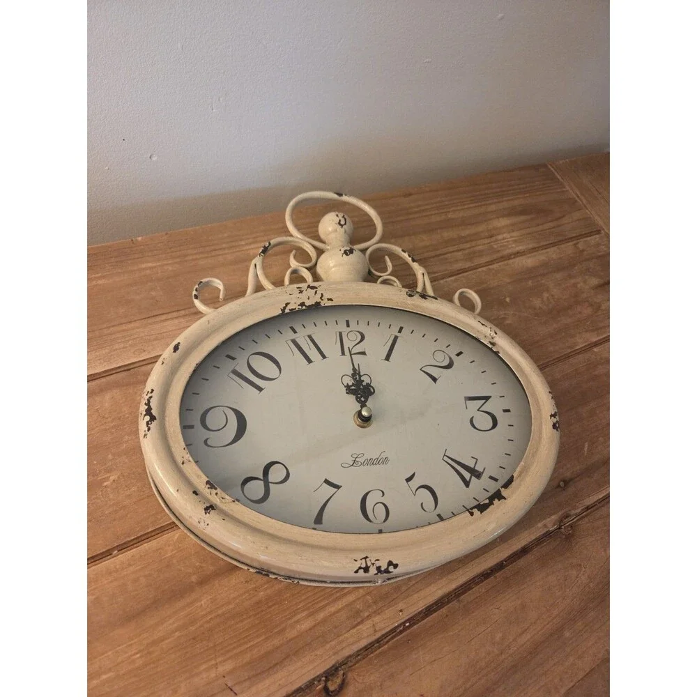 Vintage Style London Oval Wall Clock Distressed Cream White Metal Shabby Chic